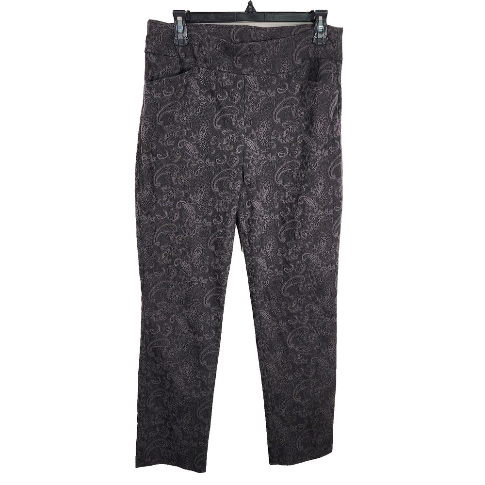 Chicos Perfect Stretch Womens Pants Charcoal Paisley Pull On Ankle Jacquard US 6